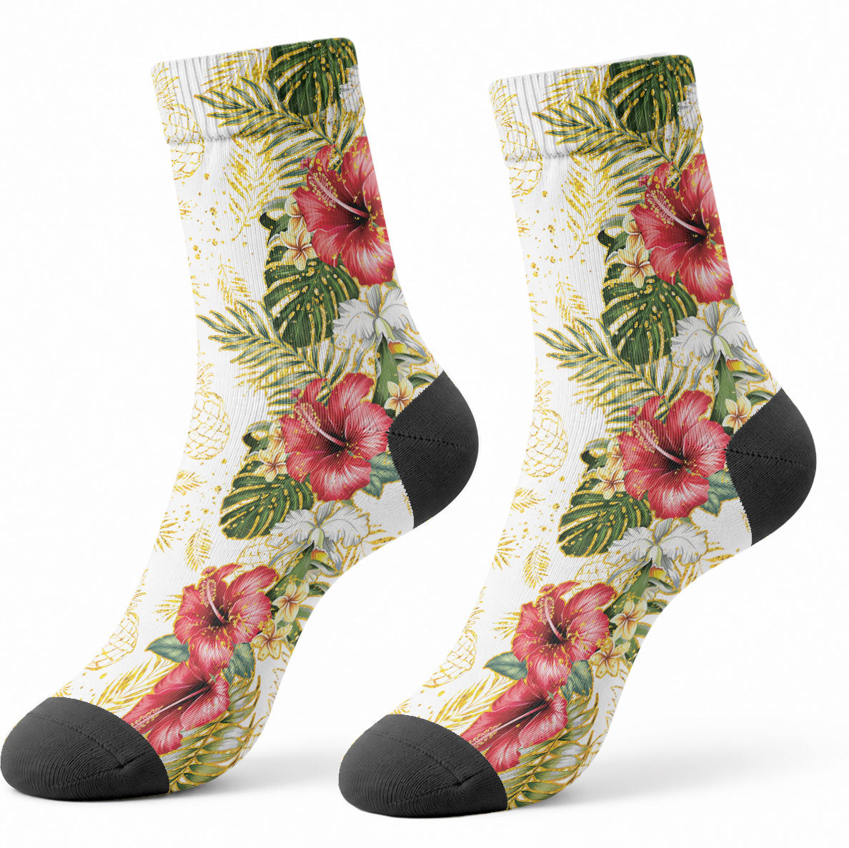 Hawaii Discoverers Day Crew Socks Tropical Hibiscus Glitter White LT05 - Polynesian Pride