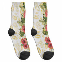 Hawaii Discoverers Day Crew Socks Tropical Hibiscus Glitter White LT05 - Polynesian Pride