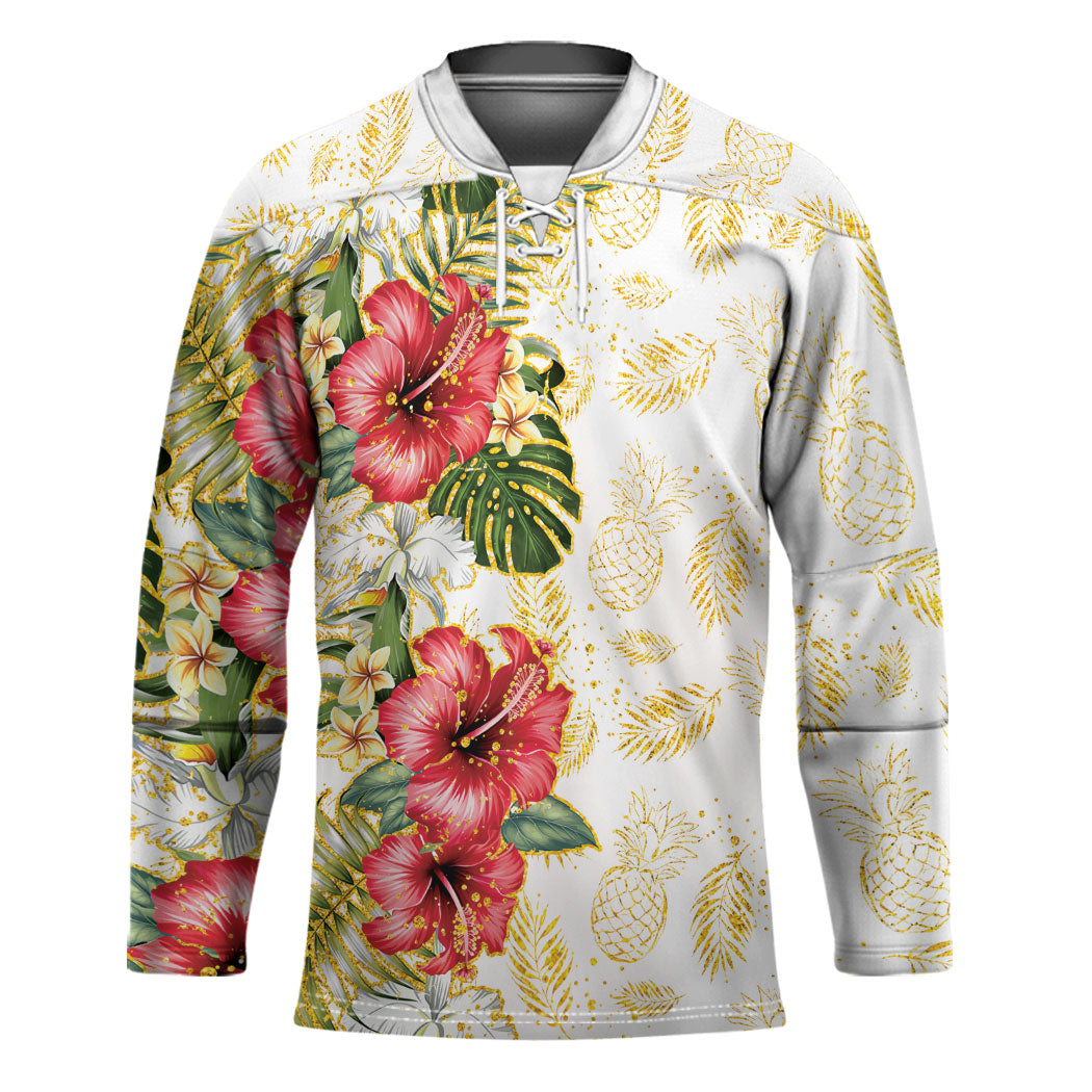 Hawaii Discoverers Day Hockey Jersey Tropical Hibiscus Glitter White LT05 Unisex White - Polynesian Pride