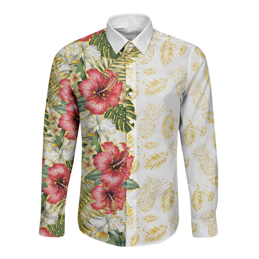 Hawaii Discoverers Day Long Sleeve Button Shirt Tropical Hibiscus Glitter White LT05 Unisex White - Polynesian Pride