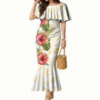 Hawaii Discoverers Day Mermaid Dress Tropical Hibiscus Glitter White LT05 Women White - Polynesian Pride
