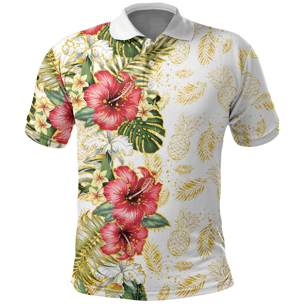 Hawaii Discoverers Day Polo Shirt Tropical Hibiscus Glitter White LT05 White - Polynesian Pride