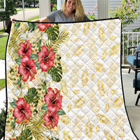 Hawaii Discoverers Day Quilt Tropical Hibiscus Glitter White LT05 White - Polynesian Pride