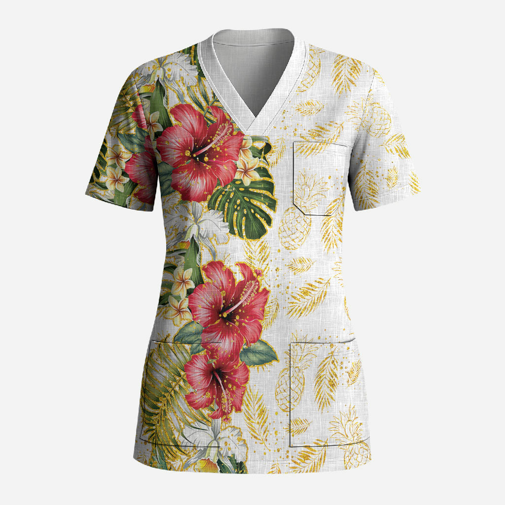 Hawaii Discoverers Day Scrub Top Tropical Hibiscus Glitter White