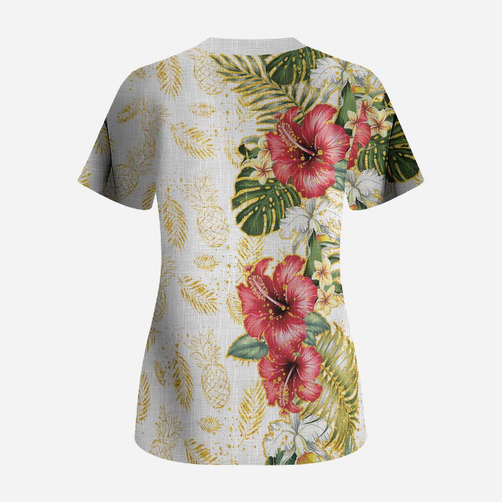 Hawaii Discoverers Day Scrub Top Tropical Hibiscus Glitter White