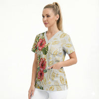 Hawaii Discoverers Day Scrub Top Tropical Hibiscus Glitter White