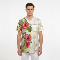 Hawaii Discoverers Day Scrub Top Tropical Hibiscus Glitter White
