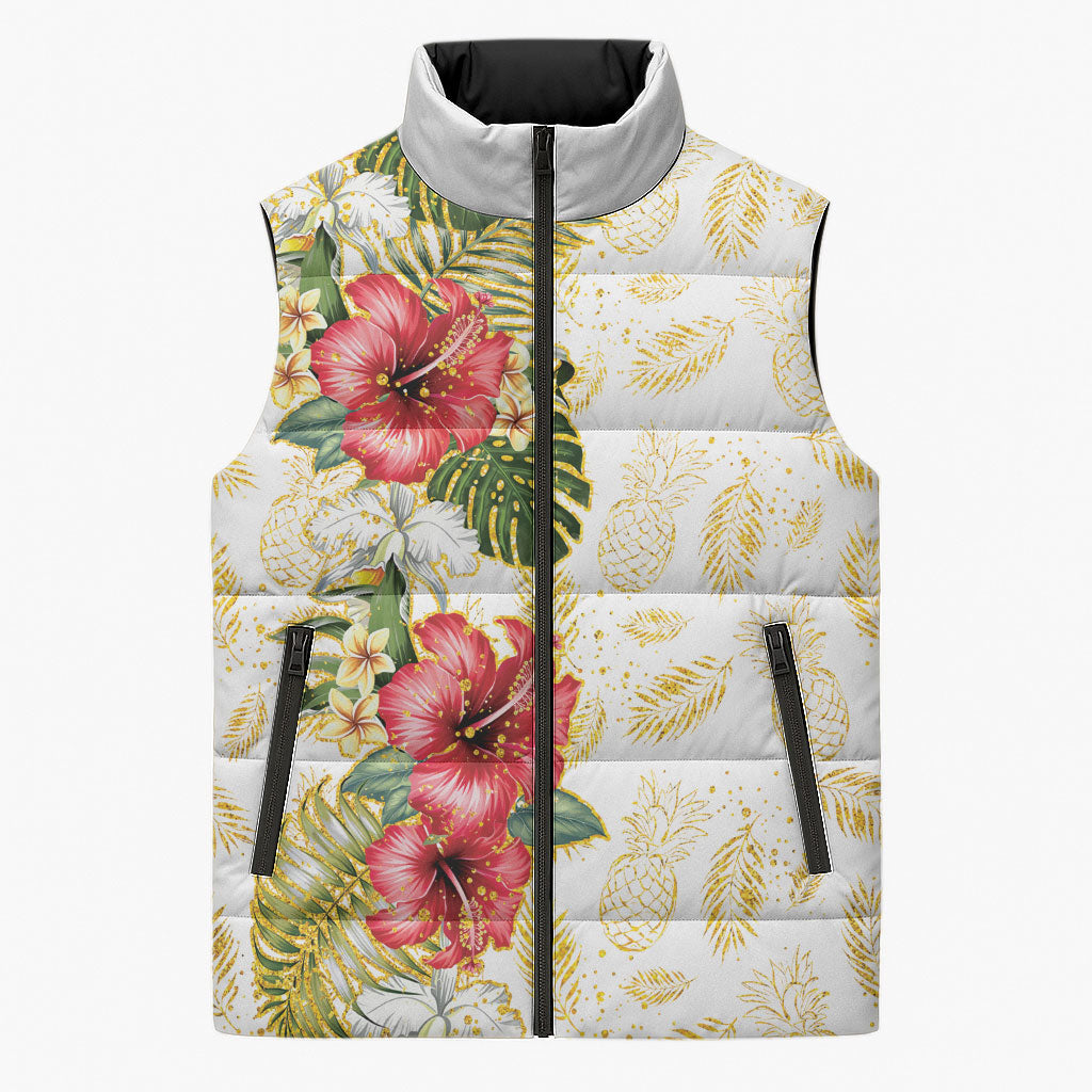Hawaii Discoverers Day Sleeveless Puffer Jacket Tropical Hibiscus Glitter White