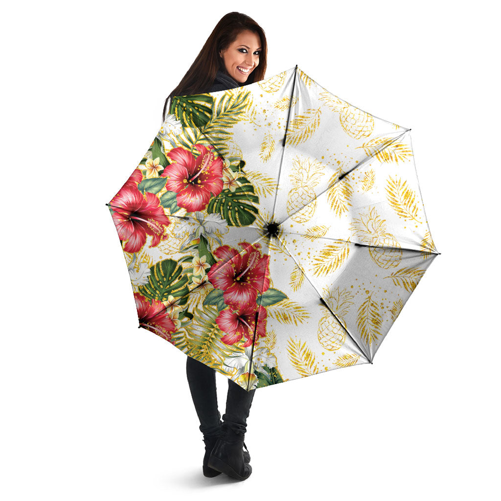 Hawaii Discoverers Day Umbrella Tropical Hibiscus Glitter White LT05 - Polynesian Pride