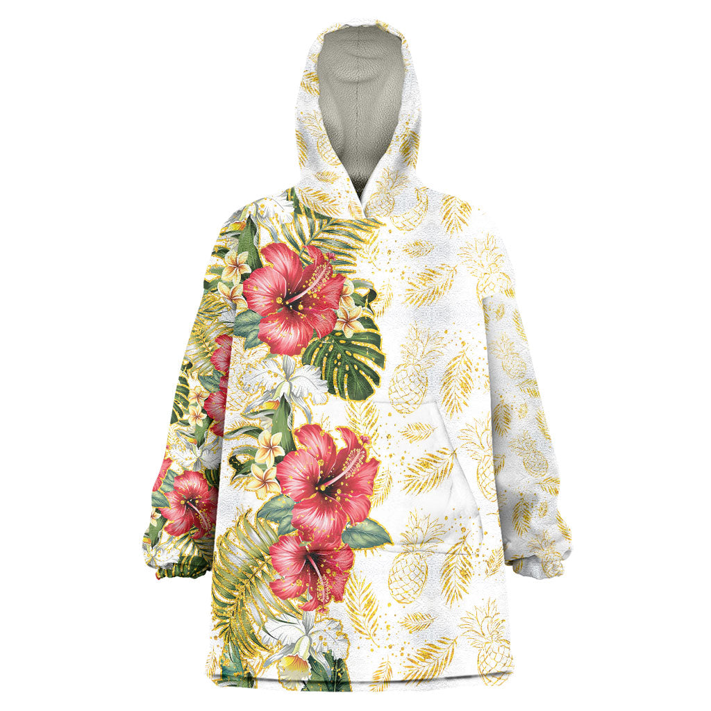Hawaii Discoverers Day Wearable Blanket Hoodie Tropical Hibiscus Glitter White LT05 One Size White - Polynesian Pride