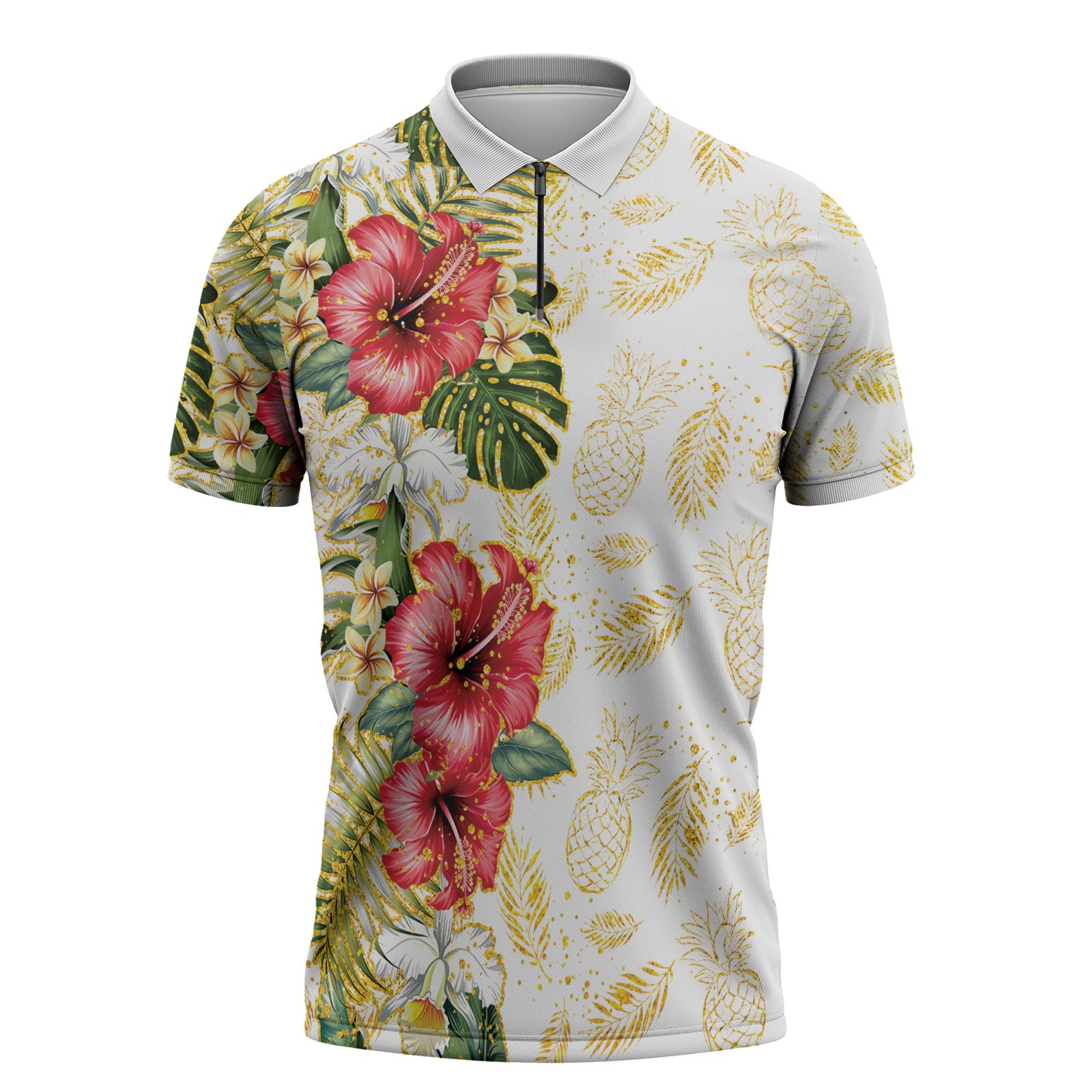 Hawaii Discoverers Day Zipper Polo Shirt Tropical Hibiscus Glitter White LT05 White - Polynesian Pride