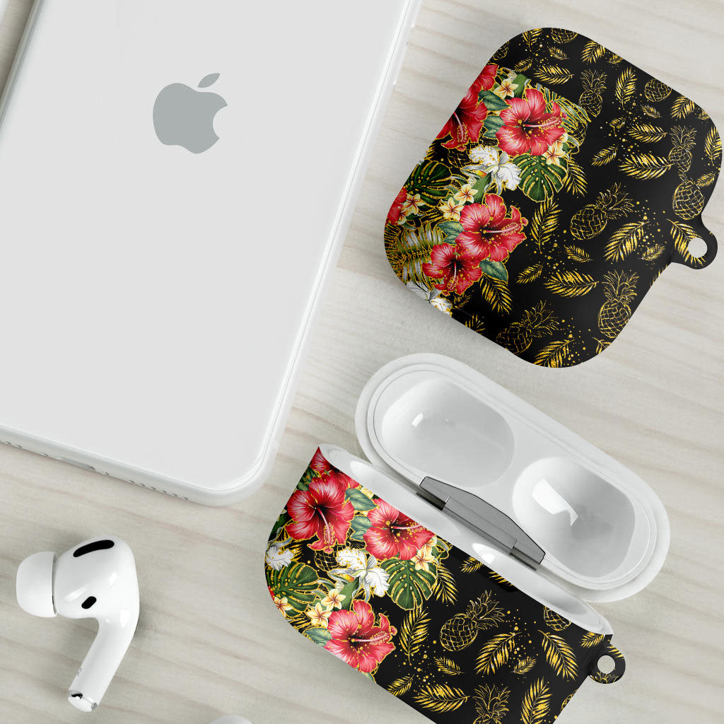 Hawaii Discoverers Day AirPods Case Tropical Hibiscus Glitter Black LT05 - Polynesian Pride