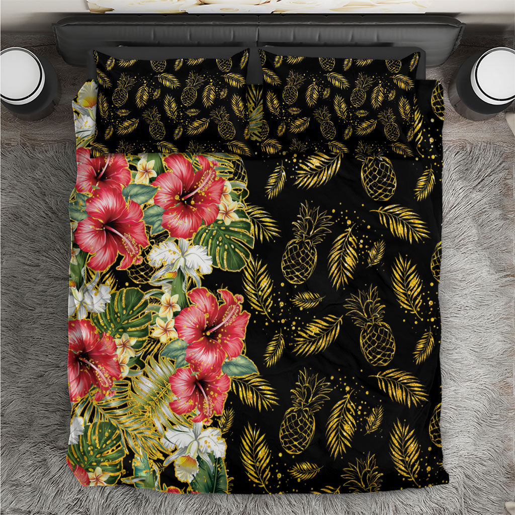 Hawaii Discoverers Day Bedding Set Tropical Hibiscus Glitter Black LT05 Black - Polynesian Pride