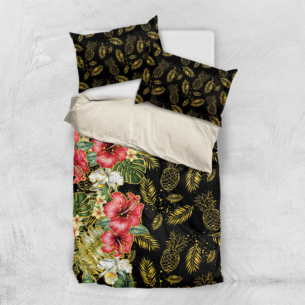 Hawaii Discoverers Day Bedding Set Tropical Hibiscus Glitter Black LT05 US Twin 172cm x 218cm Black - Polynesian Pride