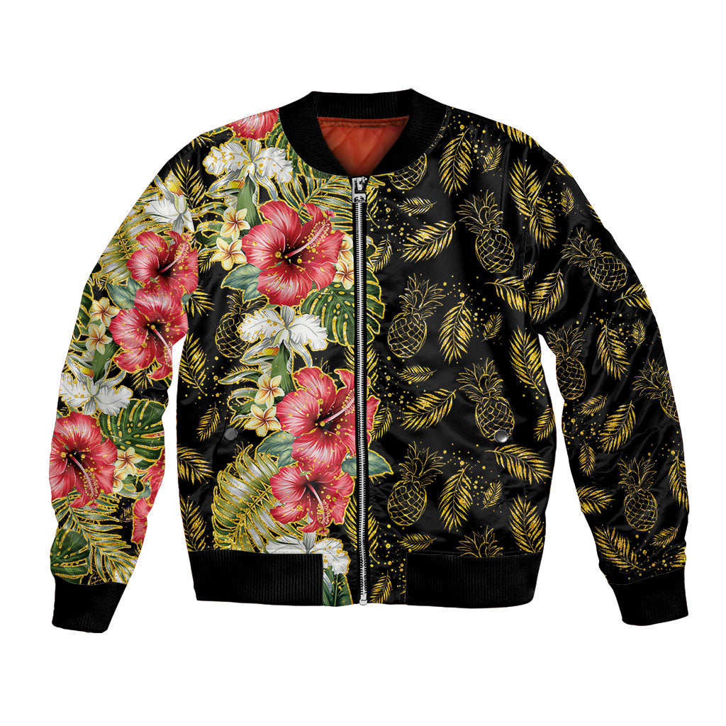 Hawaii Discoverers Day Bomber Jacket Tropical Hibiscus Glitter Black LT05 Unisex Black - Polynesian Pride