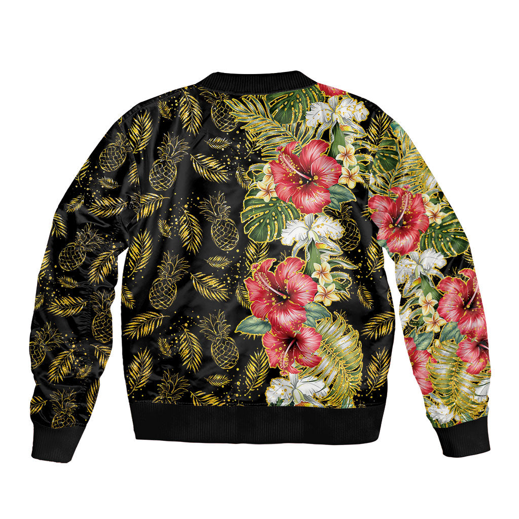 Hawaii Discoverers Day Bomber Jacket Tropical Hibiscus Glitter Black LT05 - Polynesian Pride