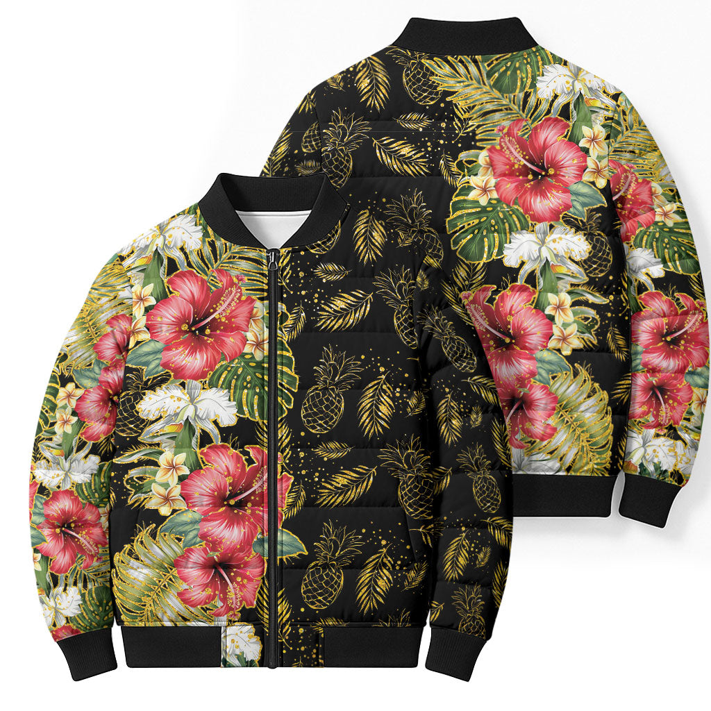 Hawaii Discoverers Day Bomber Puffer Jacket Tropical Hibiscus Glitter Black LT05 - Polynesian Pride