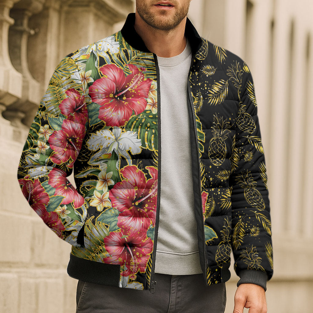 Hawaii Discoverers Day Bomber Puffer Jacket Tropical Hibiscus Glitter Black LT05 - Polynesian Pride