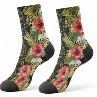 Hawaii Discoverers Day Crew Socks Tropical Hibiscus Glitter Black LT05 - Polynesian Pride