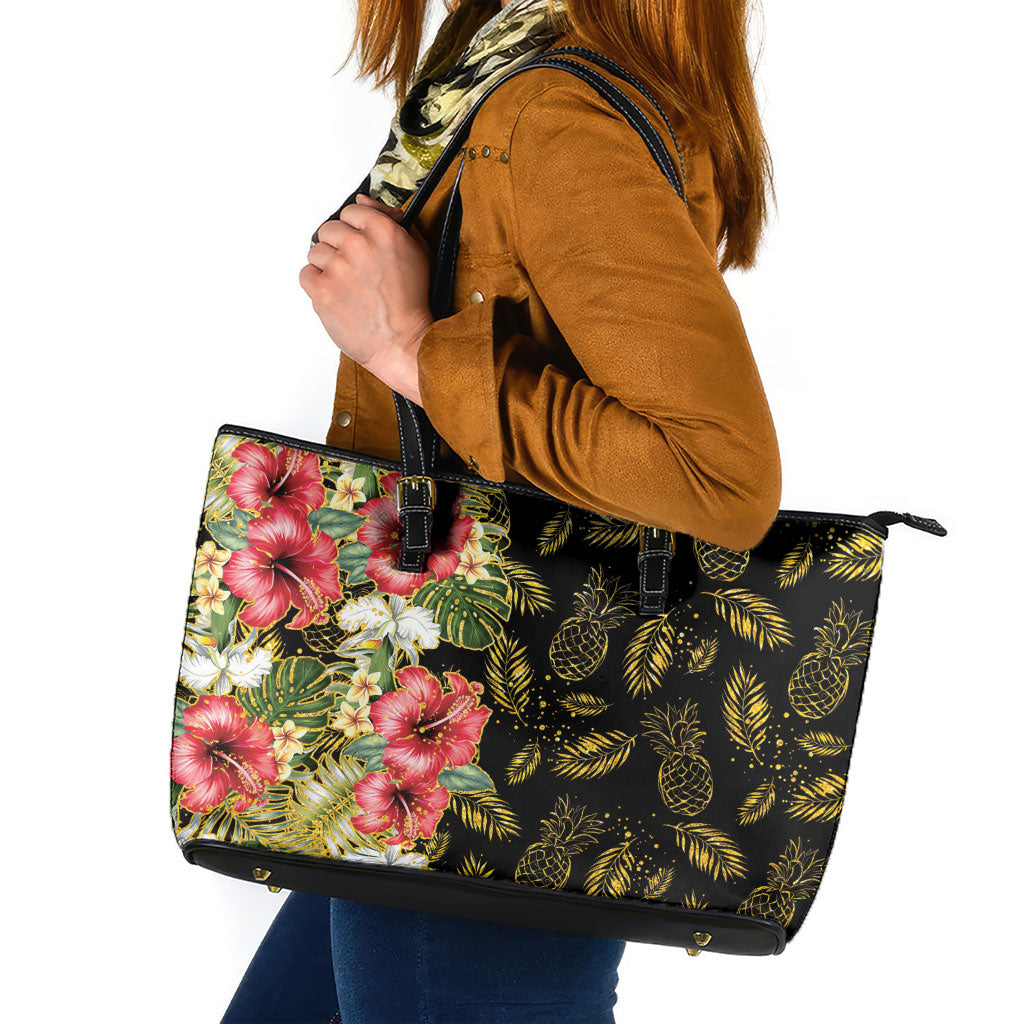 Hawaii Discoverers Day Leather Tote Bag Tropical Hibiscus Glitter Black LT05 Black - Polynesian Pride