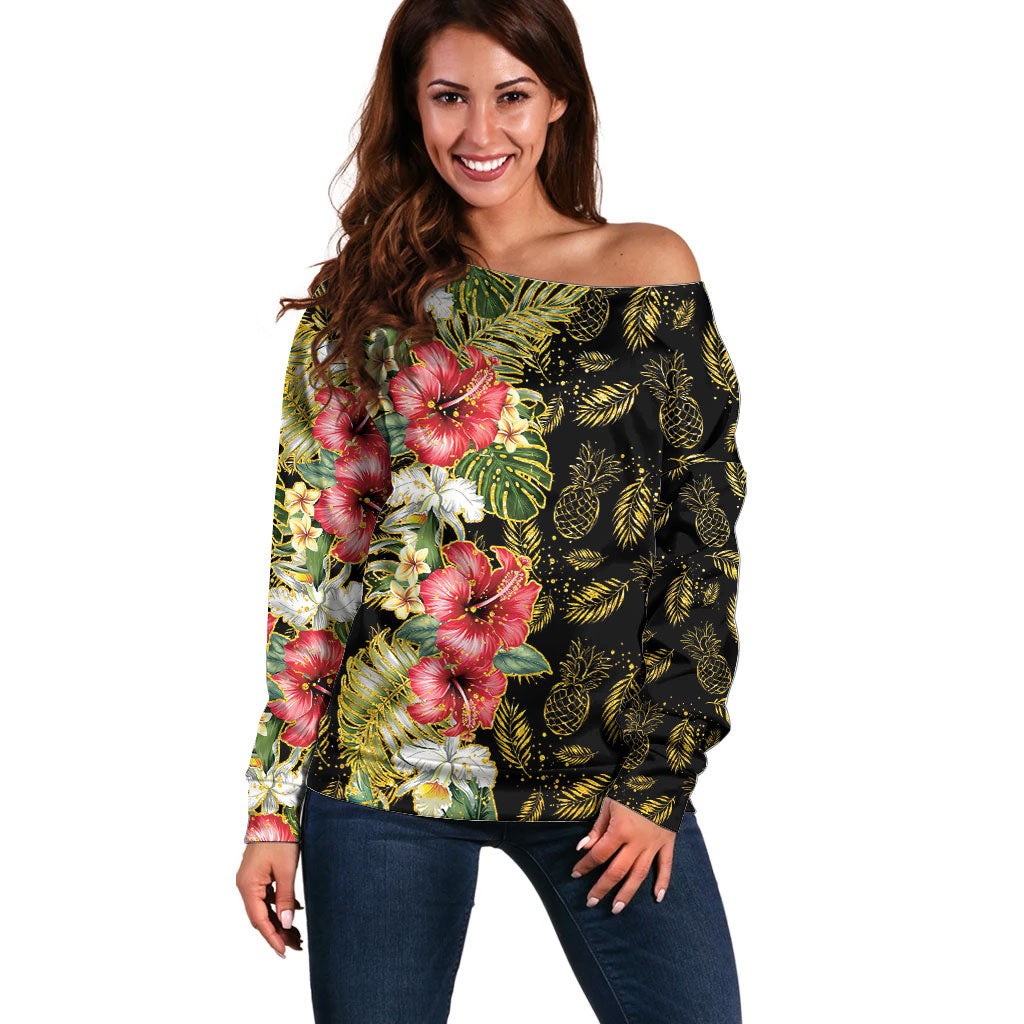 Hawaii Discoverers Day Off Shoulder Sweater Tropical Hibiscus Glitter Black LT05 Women Black - Polynesian Pride