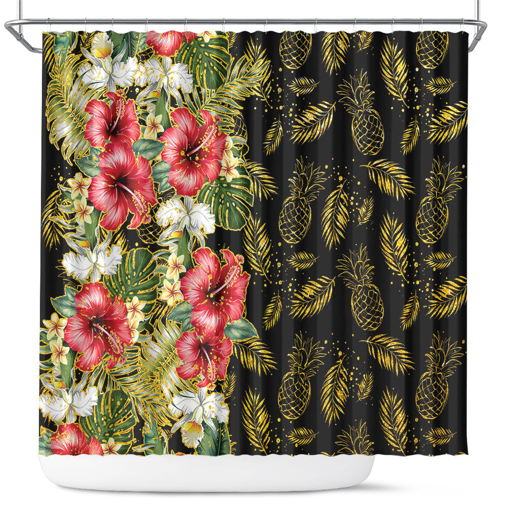 Hawaii Discoverers Day Shower Curtain Tropical Hibiscus Glitter Black LT05 Black - Polynesian Pride