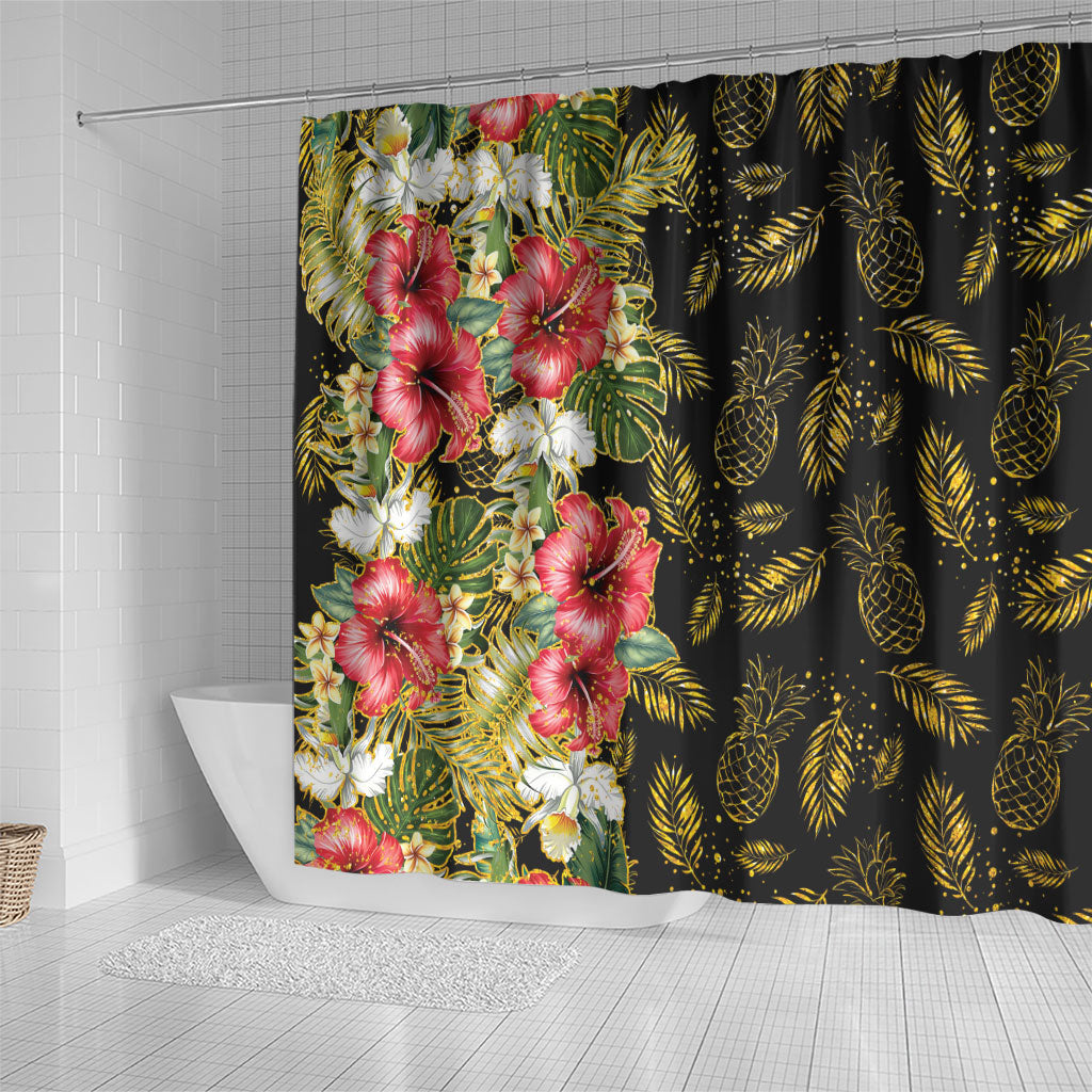 Hawaii Discoverers Day Shower Curtain Tropical Hibiscus Glitter Black LT05 - Polynesian Pride