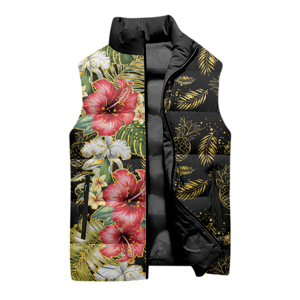 Hawaii Discoverers Day Sleeveless Puffer Jacket Tropical Hibiscus Glitter Black LT05 - Polynesian Pride