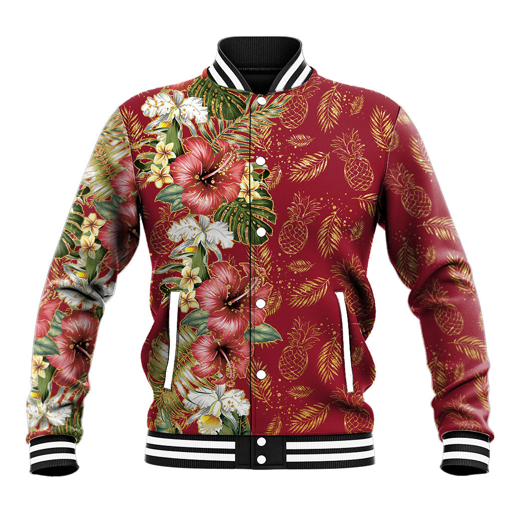Hawaii Discoverers Day Baseball Jacket Tropical Hibiscus Glitter Crimson LT05 Unisex Crimson - Polynesian Pride