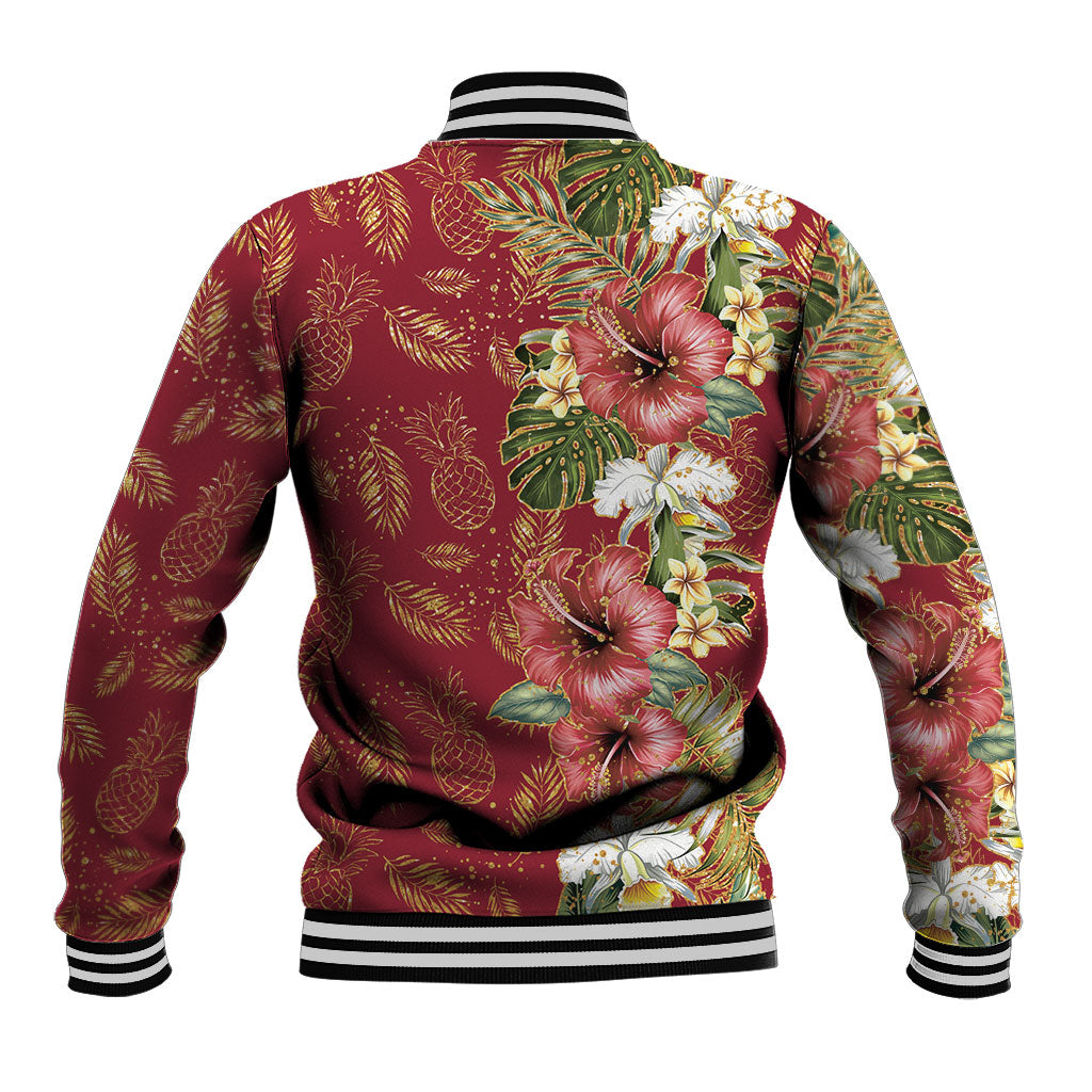 Hawaii Discoverers Day Baseball Jacket Tropical Hibiscus Glitter Crimson LT05 - Polynesian Pride