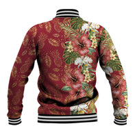 Hawaii Discoverers Day Baseball Jacket Tropical Hibiscus Glitter Crimson LT05 - Polynesian Pride