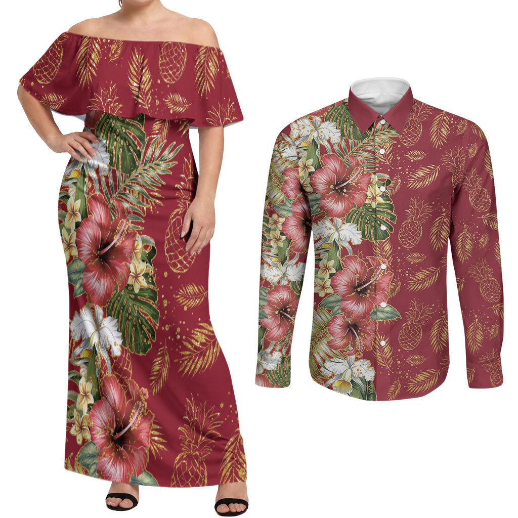 Hawaii Discoverers Day Couples Matching Off Shoulder Maxi Dress and Long Sleeve Button Shirt Tropical Hibiscus Glitter Crimson LT05 Crimson - Polynesian Pride