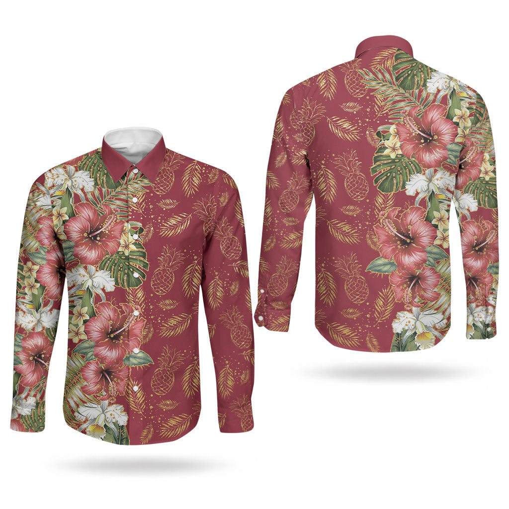 Hawaii Discoverers Day Couples Matching Off Shoulder Maxi Dress and Long Sleeve Button Shirt Tropical Hibiscus Glitter Crimson LT05 - Polynesian Pride
