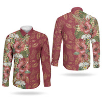 Hawaii Discoverers Day Couples Matching Off Shoulder Maxi Dress and Long Sleeve Button Shirt Tropical Hibiscus Glitter Crimson LT05 - Polynesian Pride