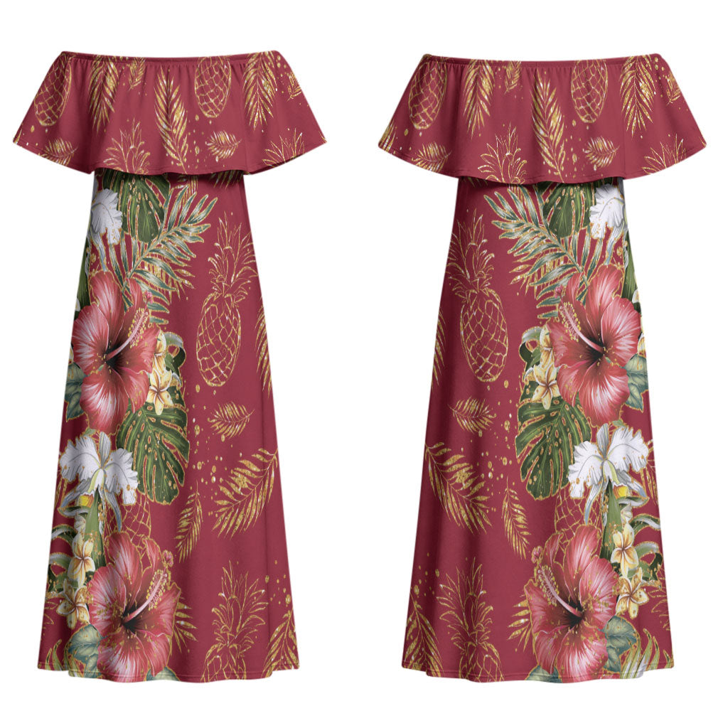 Hawaii Discoverers Day Couples Matching Off Shoulder Maxi Dress and Long Sleeve Button Shirt Tropical Hibiscus Glitter Crimson LT05 - Polynesian Pride