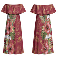 Hawaii Discoverers Day Couples Matching Off Shoulder Maxi Dress and Long Sleeve Button Shirt Tropical Hibiscus Glitter Crimson LT05 - Polynesian Pride