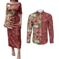 Hawaii Discoverers Day Couples Matching Puletasi and Long Sleeve Button Shirt Tropical Hibiscus Glitter Crimson LT05 Crimson - Polynesian Pride