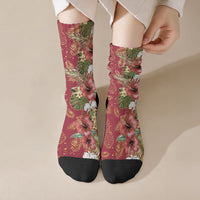 Hawaii Discoverers Day Crew Socks Tropical Hibiscus Glitter Crimson LT05 Crew Socks Crimson - Polynesian Pride
