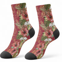 Hawaii Discoverers Day Crew Socks Tropical Hibiscus Glitter Crimson LT05 - Polynesian Pride