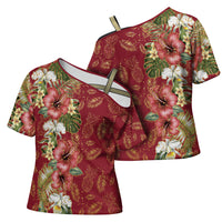 Hawaii Discoverers Day Cross Shoulder Shirt Tropical Hibiscus Glitter Crimson LT05 - Polynesian Pride