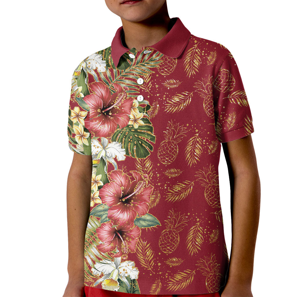 Hawaii Discoverers Day Kid Polo Shirt Tropical Hibiscus Glitter Crimson LT05 Kid Crimson - Polynesian Pride
