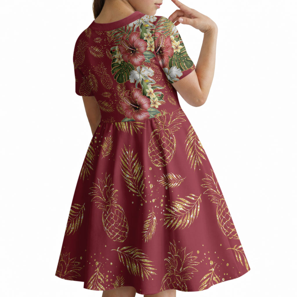 Hawaii Discoverers Day Kid Short Sleeve Dress Tropical Hibiscus Glitter Crimson LT05 - Polynesian Pride