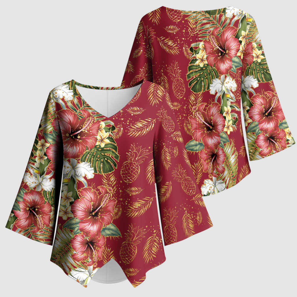 Hawaii Discoverers Day Kimono Sleeve Blouse Tropical Hibiscus Glitter Crimson LT05 - Polynesian Pride