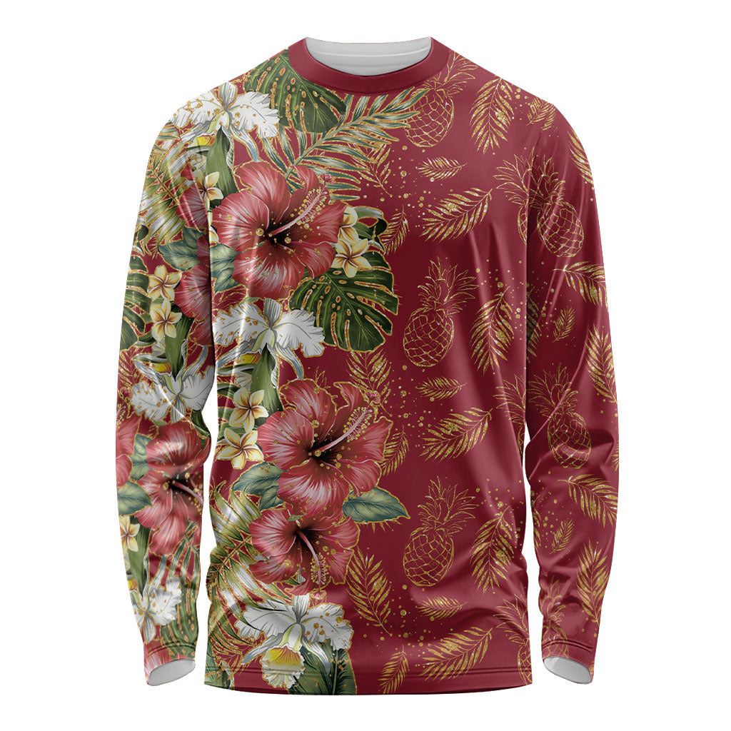Hawaii Discoverers Day Long Sleeve Shirt Tropical Hibiscus Glitter Crimson LT05 Unisex Crimson - Polynesian Pride