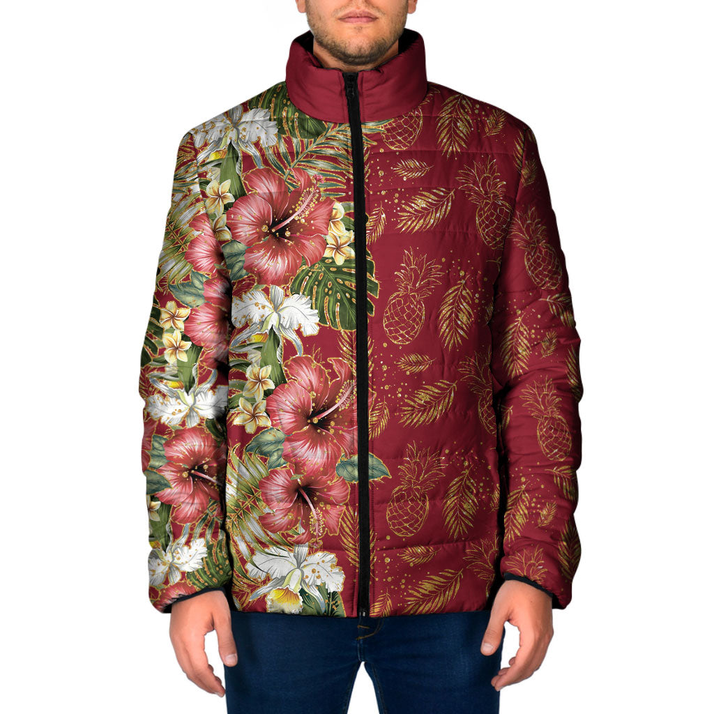 Hawaii Discoverers Day Padded Jacket Tropical Hibiscus Glitter Crimson LT05 Men Crimson - Polynesian Pride