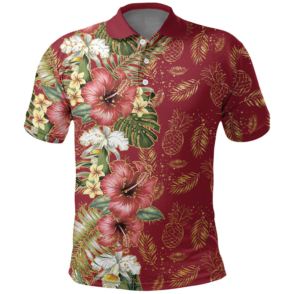 Hawaii Discoverers Day Polo Shirt Tropical Hibiscus Glitter Crimson LT05 Crimson - Polynesian Pride