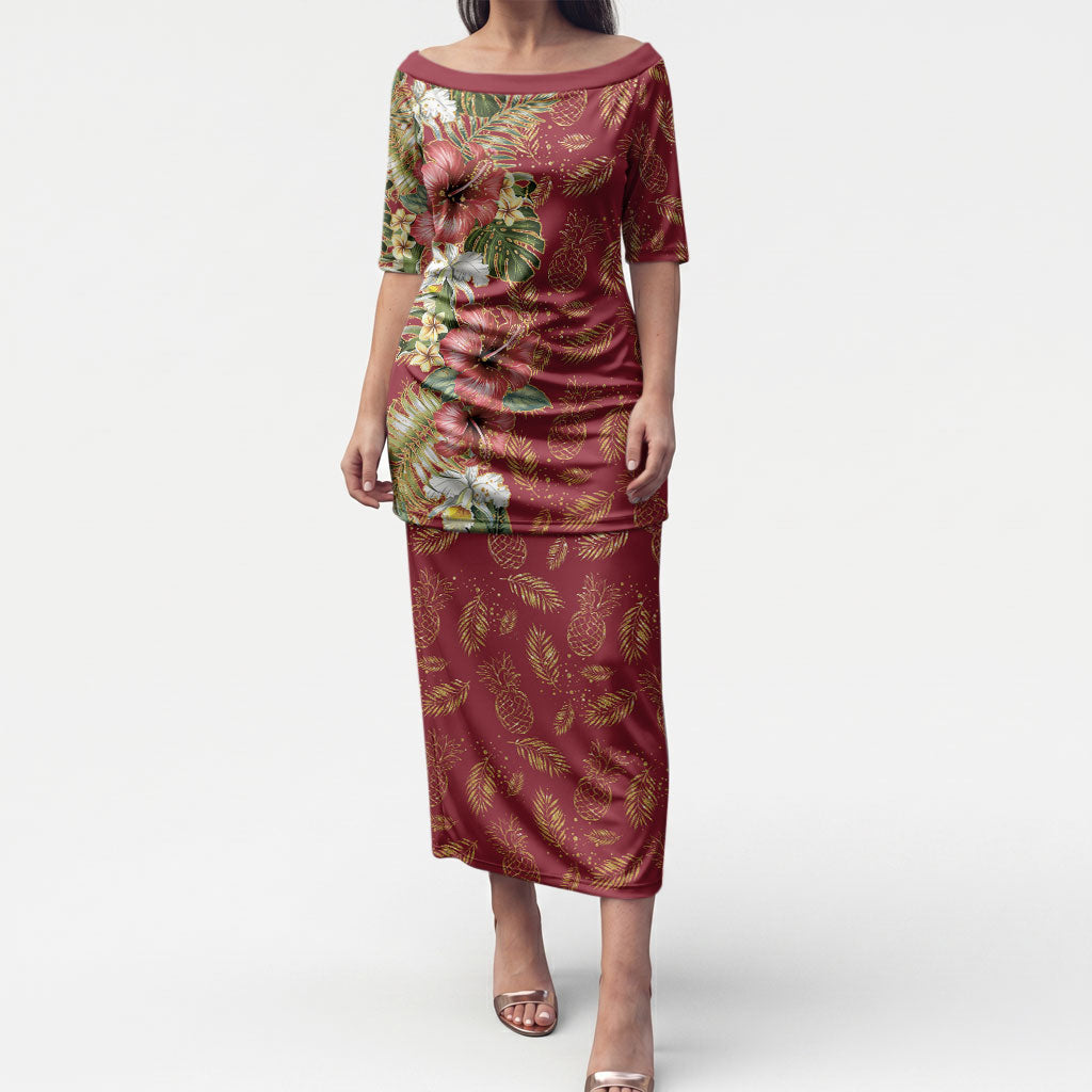 Hawaii Discoverers Day Puletasi Tropical Hibiscus Glitter Crimson LT05 Long Dress Crimson - Polynesian Pride