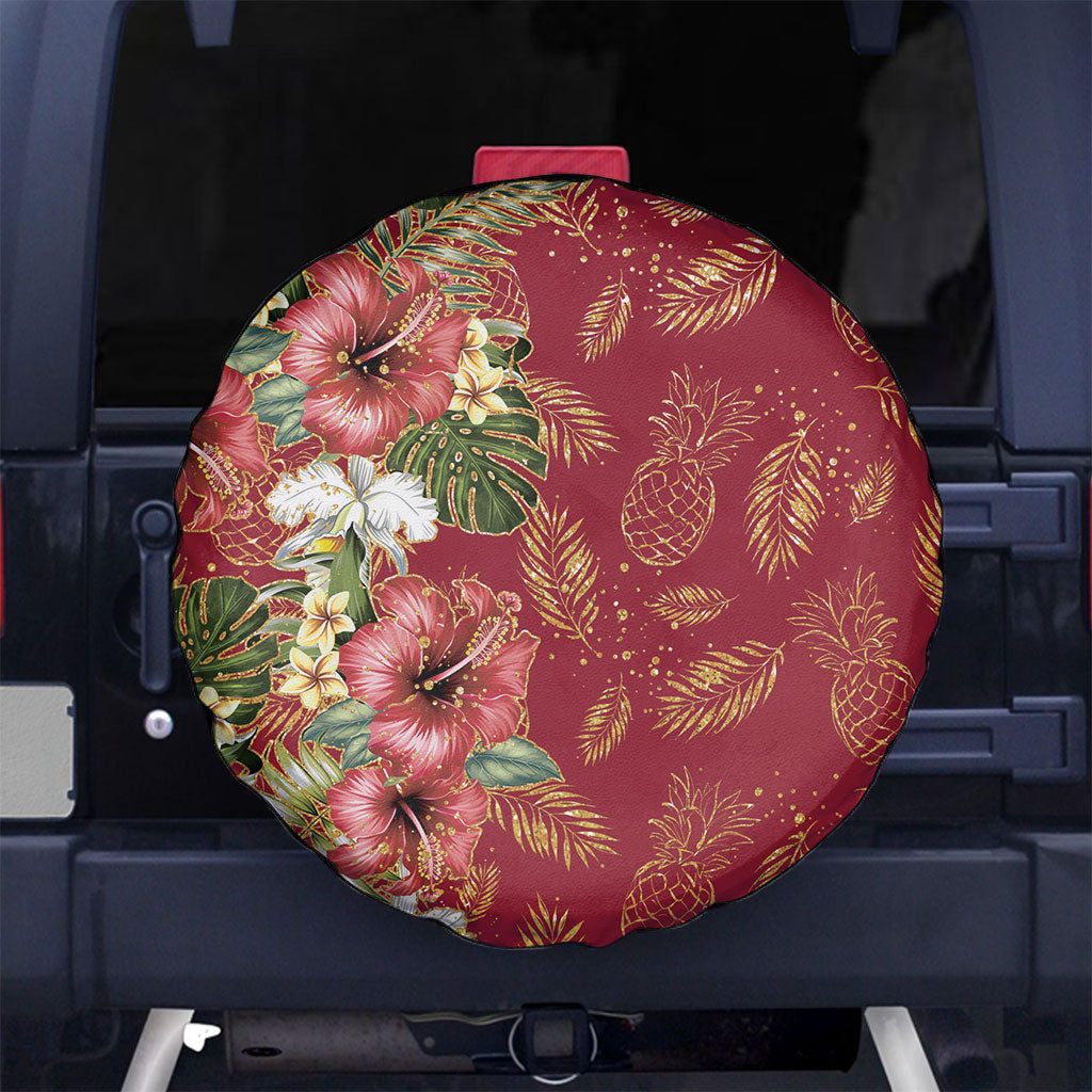 Hawaii Discoverers Day Spare Tire Cover Tropical Hibiscus Glitter Crimson LT05 No hole Crimson - Polynesian Pride