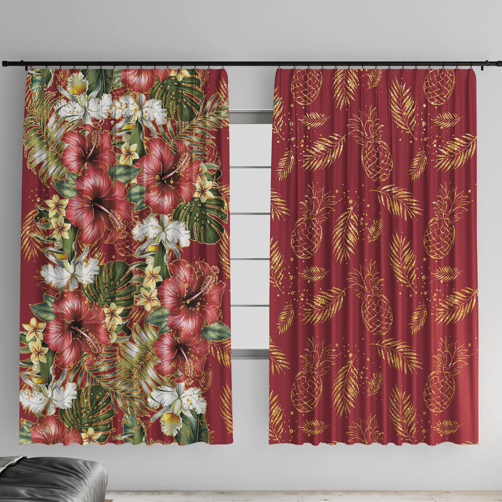 Hawaii Discoverers Day Window Curtain Tropical Hibiscus Glitter Crimson LT05 With Hooks Crimson - Polynesian Pride