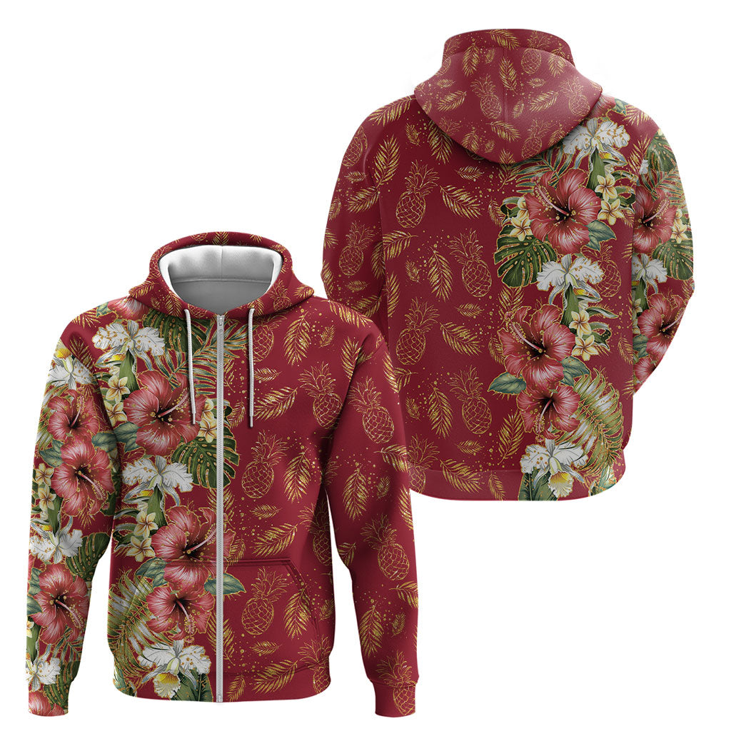 Hawaii Discoverers Day Zip Hoodie Tropical Hibiscus Glitter Crimson LT05 - Polynesian Pride